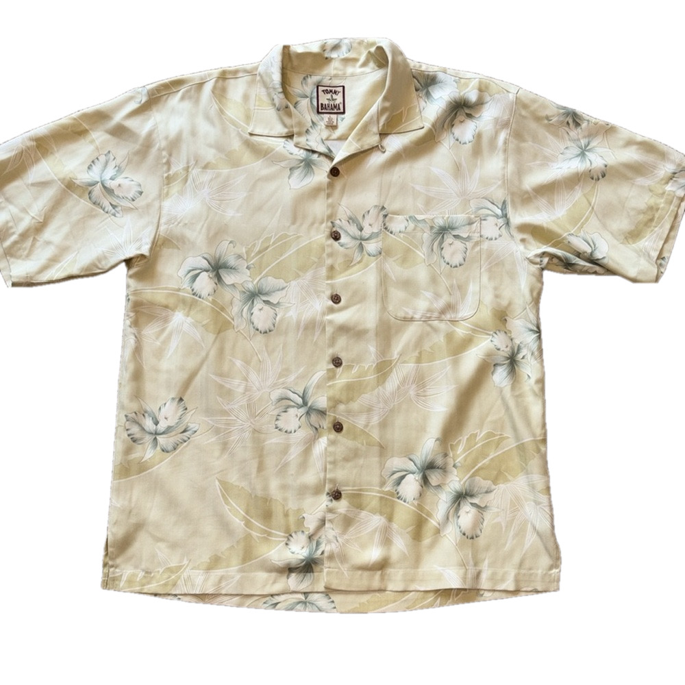 Tommy Bahama Mens Vintage Large Silk Yellow Print Hawaiian Shirt